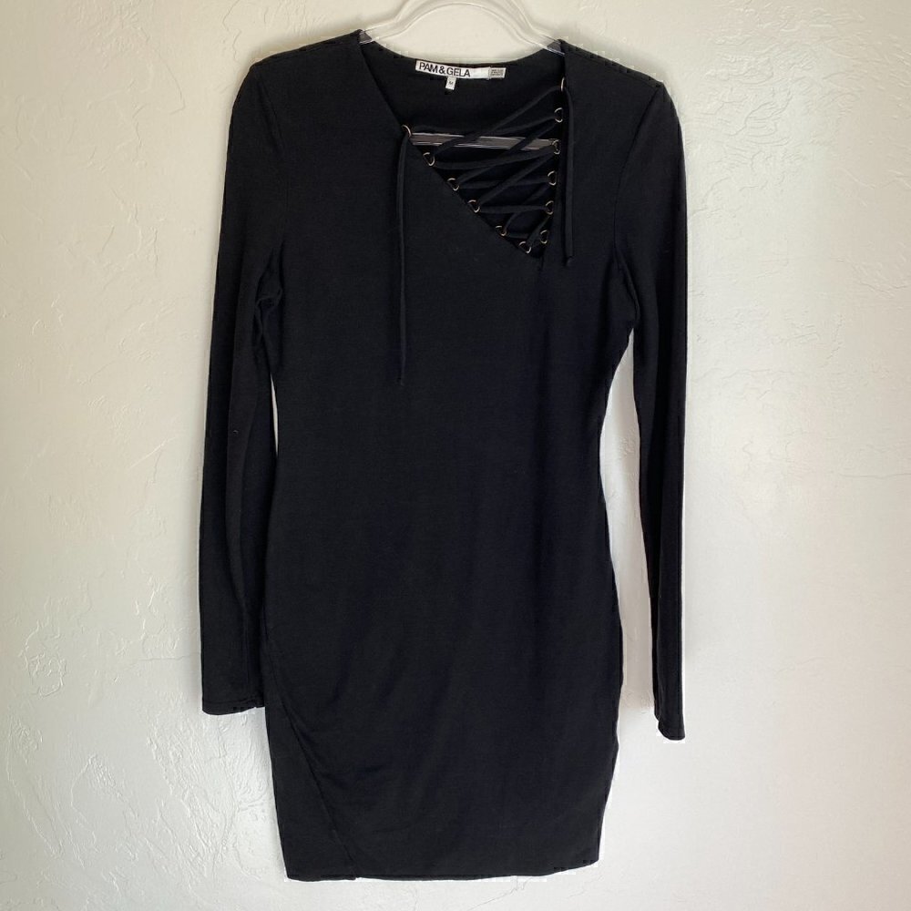 Pam & Gela Black Asymmetrical Lace-Up Detail Bodycon Mini Dress - Picture 3 of 7